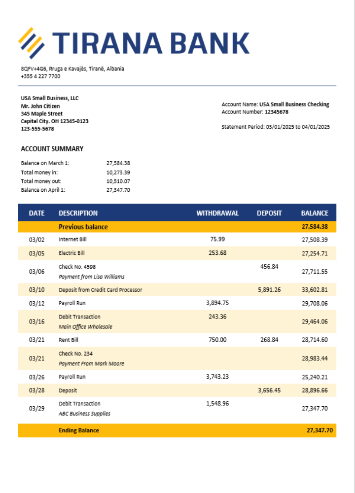 Modèle Word et PDF de relevé de compte de l'entreprise de Tirana